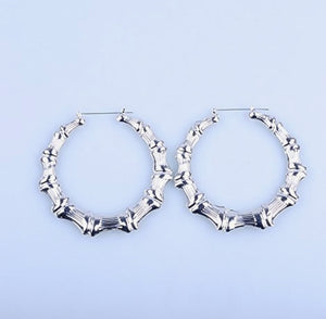 Medium Size Bamboo Hoop Earrings Silver