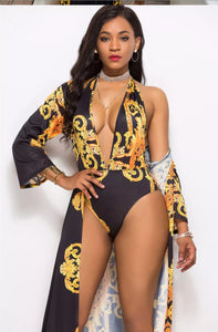 Sexy One Piece Swimsuit with Cover Up Set Black and Gold